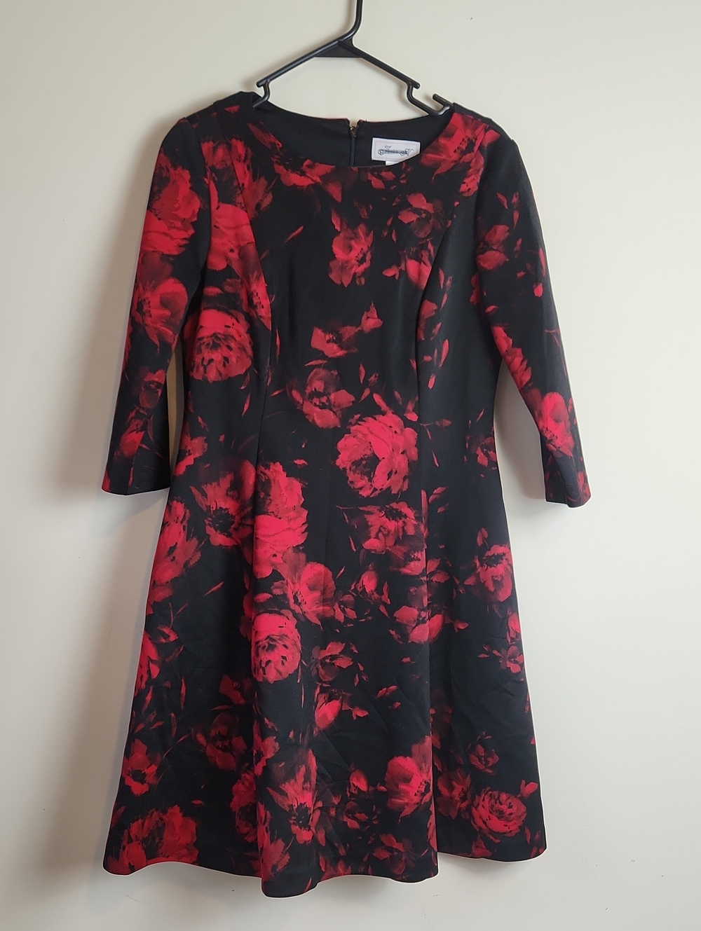 Jessica H Black Dress with Red Floral Print — Long Sleeve Fit 12